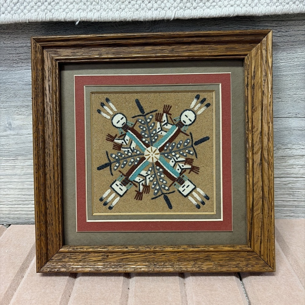 Vintage ORIGINAL Navajo Medicine Wheel Sand Art "Heal The Dog" FRAMED (C8)